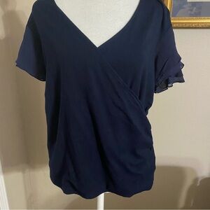 Lauren Ralph Lauren Womens Large Navy Blue Knit Surplice Wrap Top Chiffon Sleeve